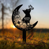 Custom Cat Grave Marker - Personalized Memorial Stake with Moon & Flowers, Cat Name Garden Decor, Metal Cat Loss Gift for Pet Remembrance