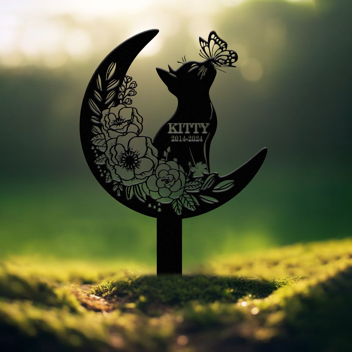 Custom Cat Grave Marker - Personalized Memorial Stake with Moon & Flowers, Cat Name Garden Decor, Metal Cat Loss Gift for Pet Remembrance