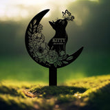 Custom Cat Grave Marker - Personalized Memorial Stake with Moon & Flowers, Cat Name Garden Decor, Metal Cat Loss Gift for Pet Remembrance