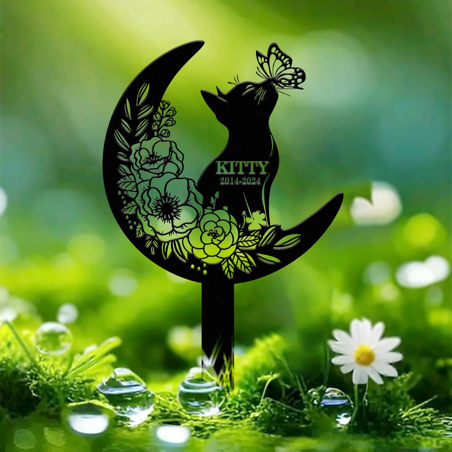 Custom Cat Grave Marker - Personalized Memorial Stake with Moon & Flowers, Cat Name Garden Decor, Metal Cat Loss Gift for Pet Remembrance