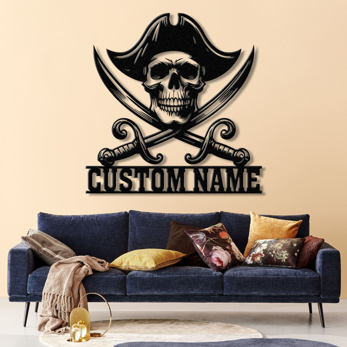 Custom Pirate Skull Metal Wall Art with LED Light, Personalized Pirate Ship Name Sign, Skeleton Home Decor, Birthday & Housewarming Gift
