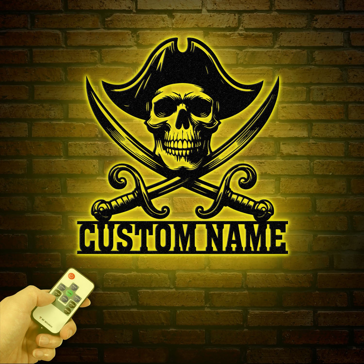 Custom Pirate Skull Metal Wall Art with LED Light, Personalized Pirate Ship Name Sign, Skeleton Home Decor, Birthday & Housewarming Gift