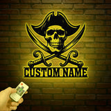 Custom Pirate Skull Metal Wall Art with LED Light, Personalized Pirate Ship Name Sign, Skeleton Home Decor, Birthday & Housewarming Gift