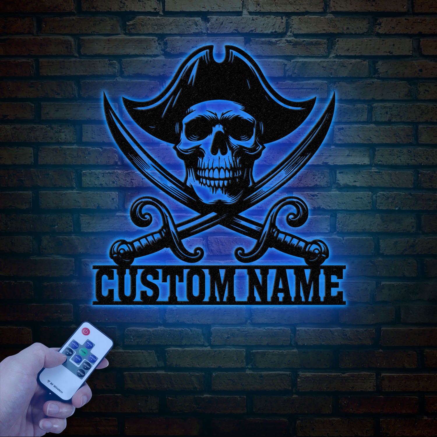 Custom Pirate Skull Metal Wall Art with LED Light, Personalized Pirate Ship Name Sign, Skeleton Home Decor, Birthday & Housewarming Gift