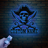 Custom Pirate Skull Metal Wall Art with LED Light, Personalized Pirate Ship Name Sign, Skeleton Home Decor, Birthday & Housewarming Gift