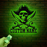 Custom Pirate Skull Metal Wall Art with LED Light, Personalized Pirate Ship Name Sign, Skeleton Home Decor, Birthday & Housewarming Gift