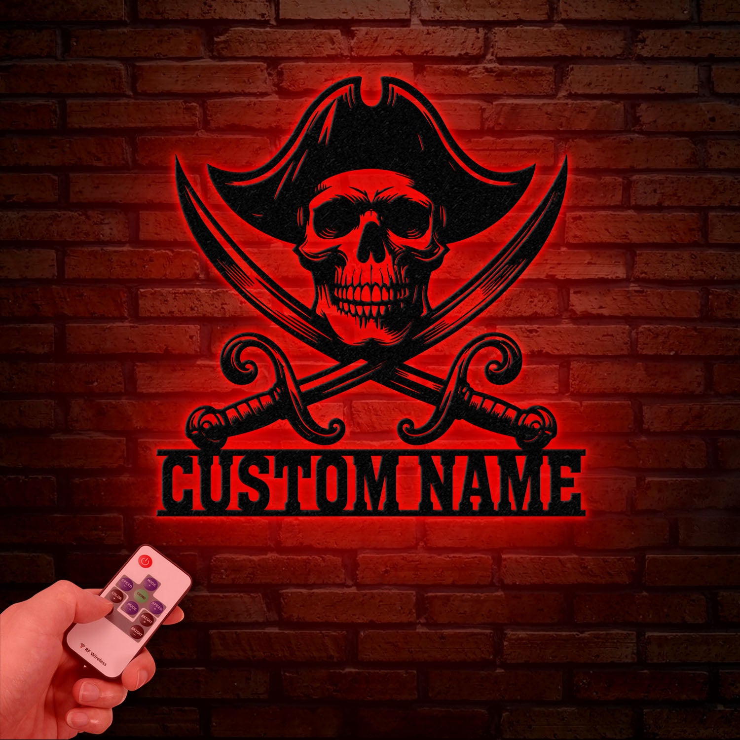 Custom Pirate Skull Metal Wall Art with LED Light, Personalized Pirate Ship Name Sign, Skeleton Home Decor, Birthday & Housewarming Gift
