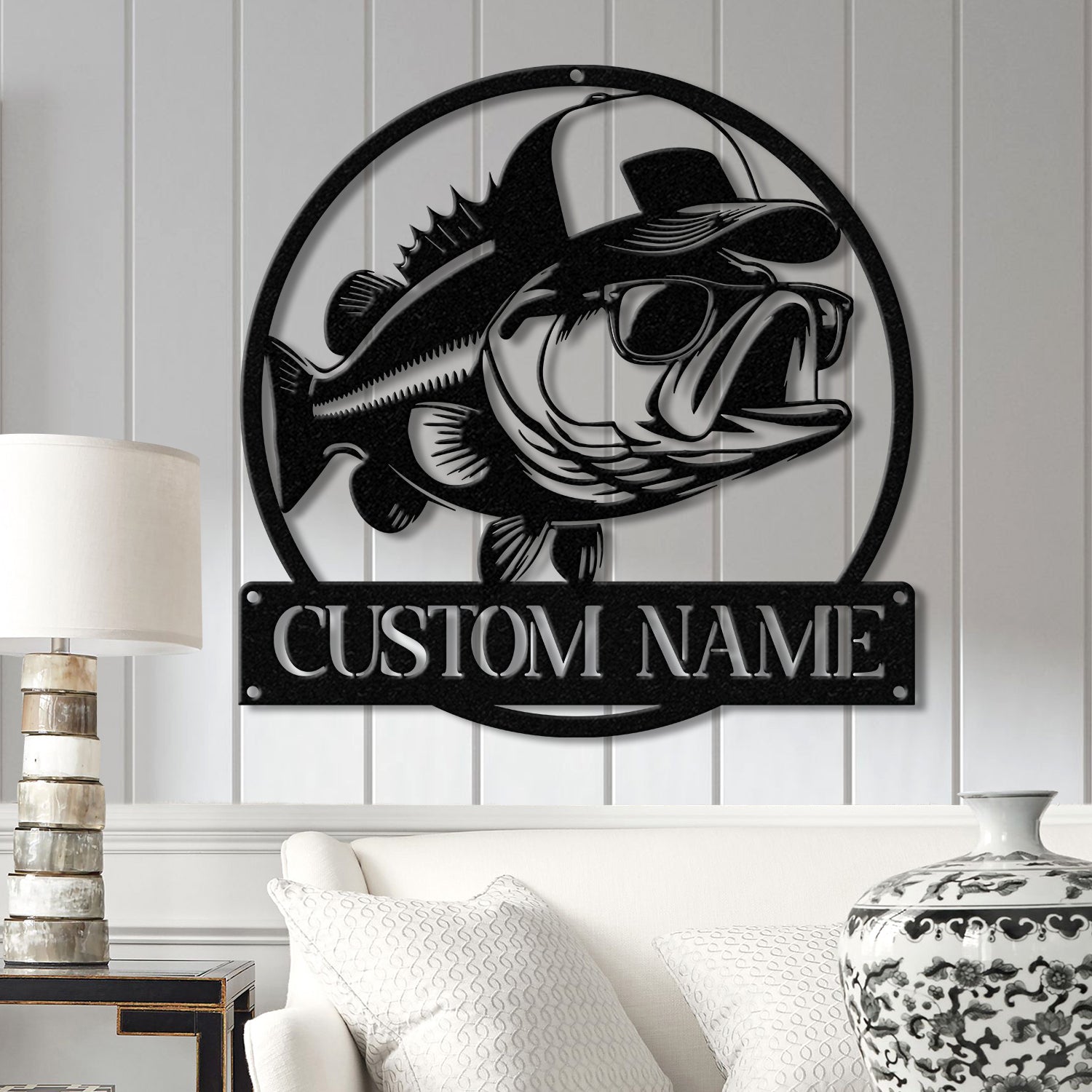 Custom Bass Fish with Trucker Hat Sign with Led Light, Custom Fisherman Gift Sign, Outdoor Fishing Decor, Bass Lover Man Cave Sign