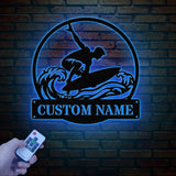 Personalized Wave Surfing Metal Sign with Led Light, Custom Surfer Name Sign, Water Sport Sign, Xmas Birthday Gift, Surf Shack Beach House