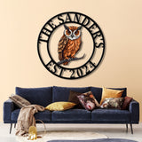 Custom Owl Metal Sign, Personalized Outdoor Owl Decor, Wildlife Metal Wall Art, Rustic Family Name Sign, Woodland Themed Metal Wall Sign