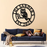 Custom Owl Metal Sign, Personalized Outdoor Owl Decor, Wildlife Metal Wall Art, Rustic Family Name Sign, Woodland Themed Metal Wall Sign