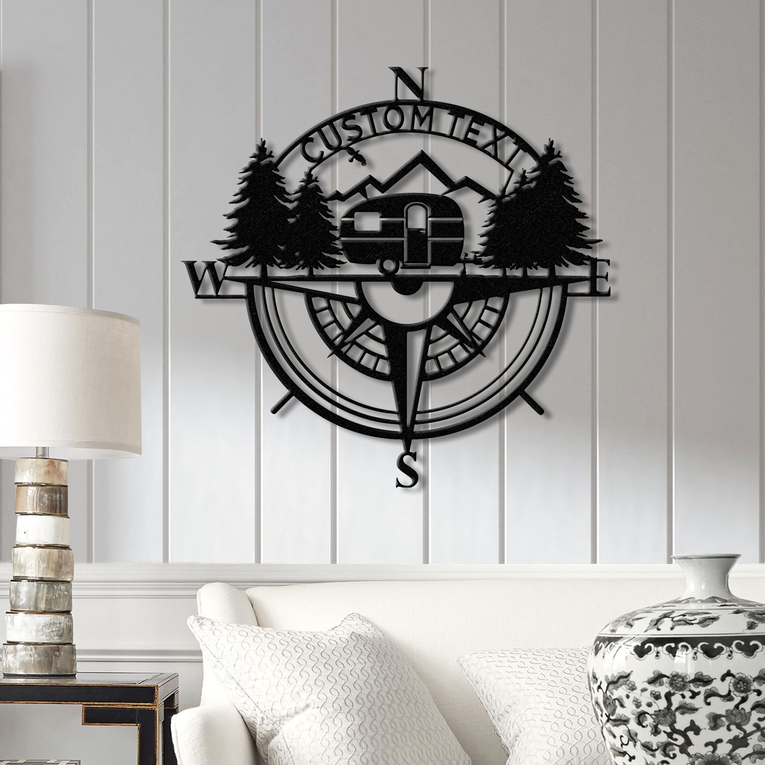 Custom Caravan Compass Metal Wall Art with LED Light, Personalized Camper Name Sign, Caravan Camping Metal Decor, LED Room Decoration