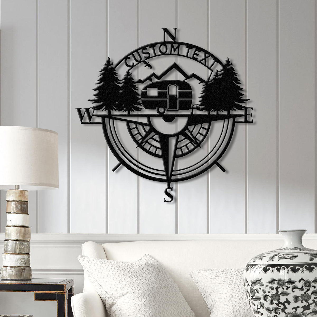 Custom Caravan Compass Metal Wall Art with LED Light, Personalized Camper Name Sign, Caravan Camping Metal Decor, LED Room Decoration