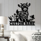 Custom Baby Highland Cow Metal Sign with Led Light, Highland Cow Metal Wall Art, Personalized Floral Highland Cow Farm, Farmhouse Decor