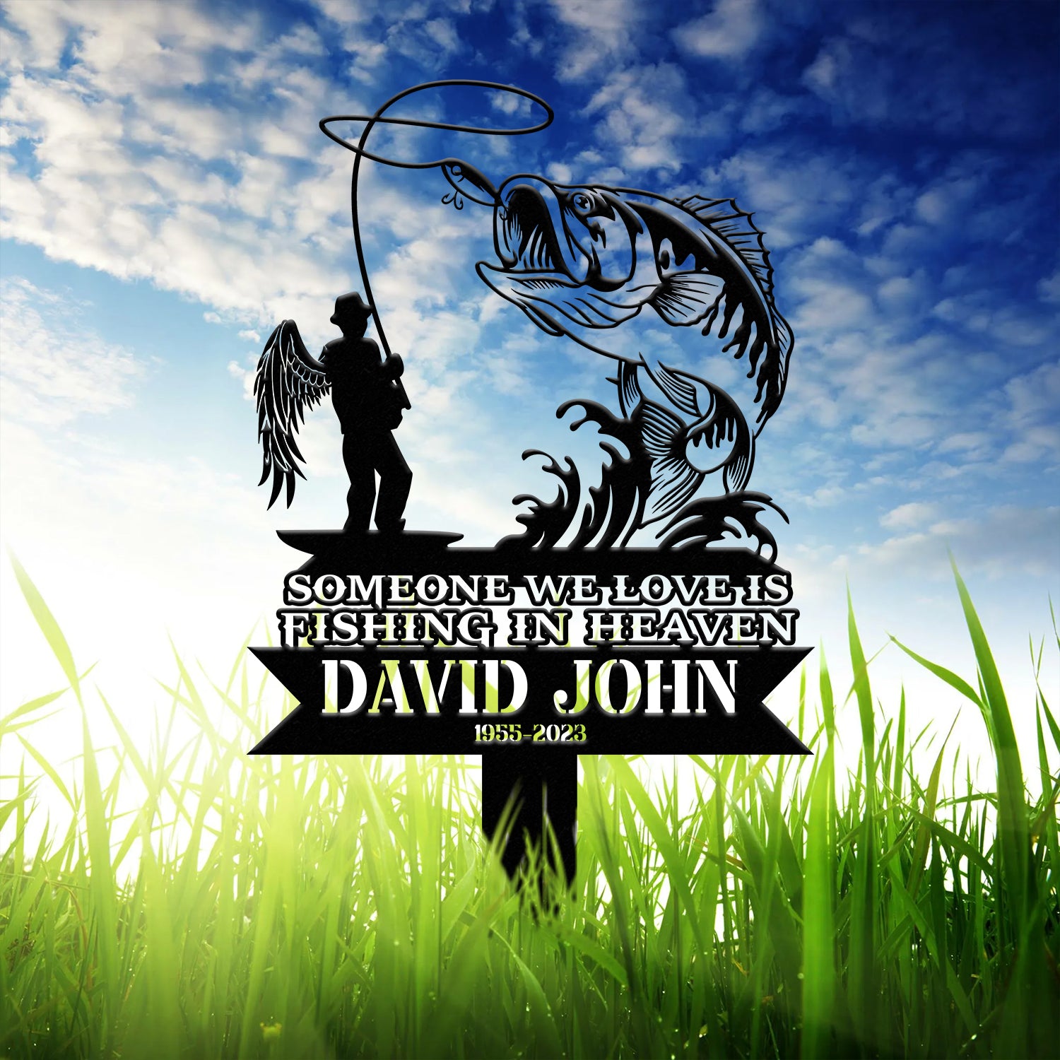 Personalized Memorial Fishing Stake, Metal Garden Marker, In Loving Memory Sign, Sympathy Gift, Grave Marker, Remembrance Memorial Stake