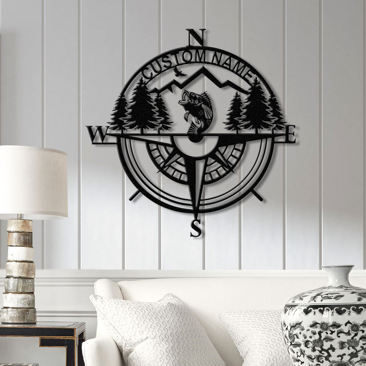 Custom Bass Fishing Compass Metal Sign with LED Lights, Fishing Name Sign, Lake House Decor Fish Art Wall Sculpture, Bass Fishing Gift
