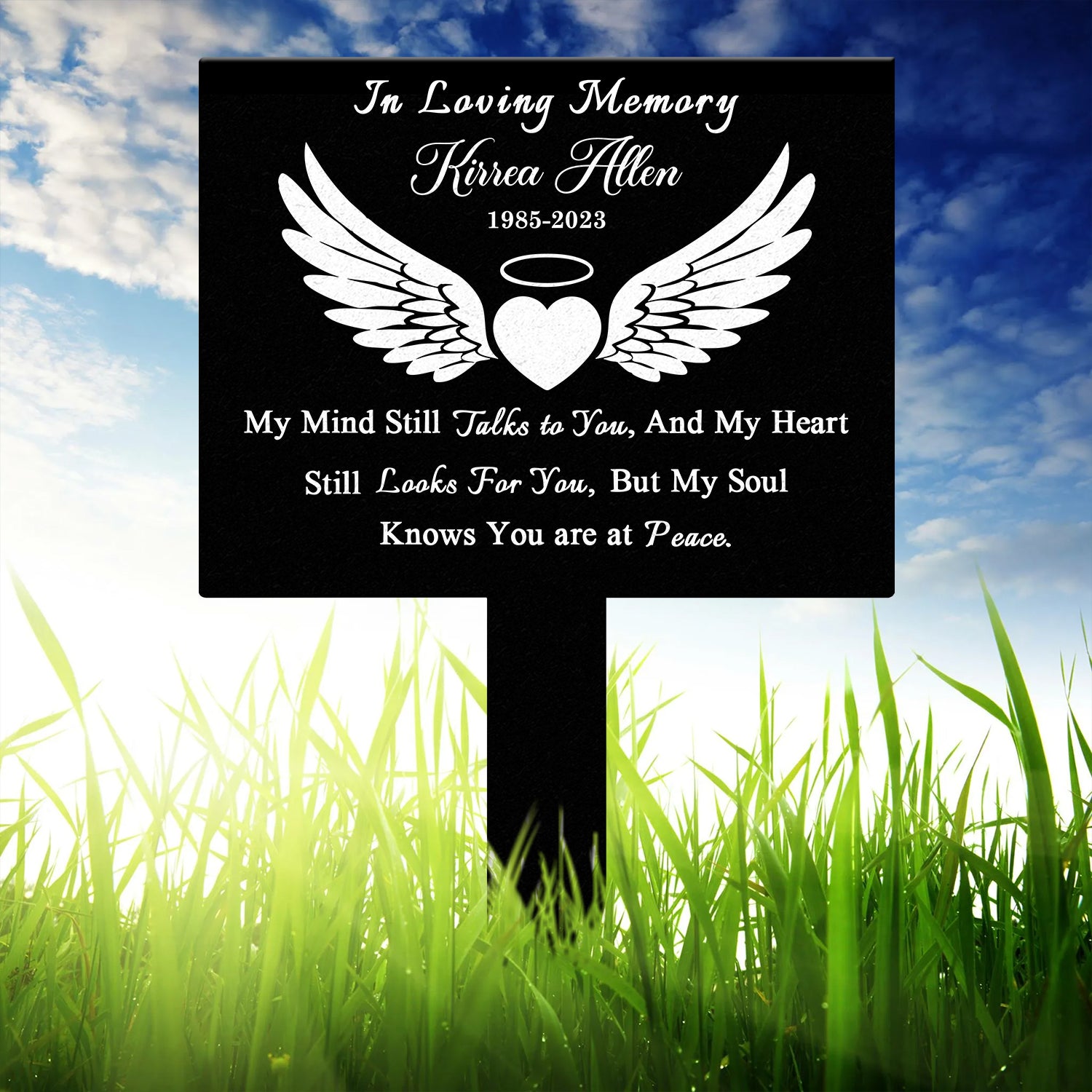 Angel Wings Heart Memorial Plaque with Stake, Waterproof Grave Marker for Cemetery, Remembrance Garden Stake, Outdoor Sympathy Memorial Sign