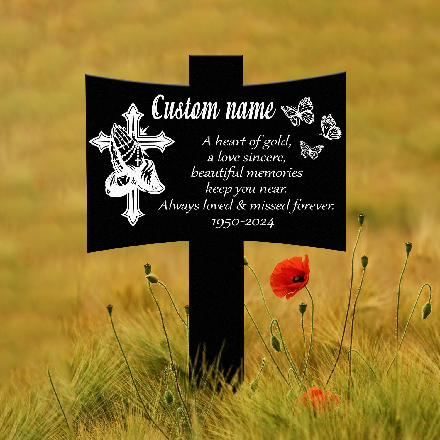 Personalized Metal Cross with Praying Hands Memorial Stake, Memorial Garden Decor , Custom Grave Marker, Remembrance Stake