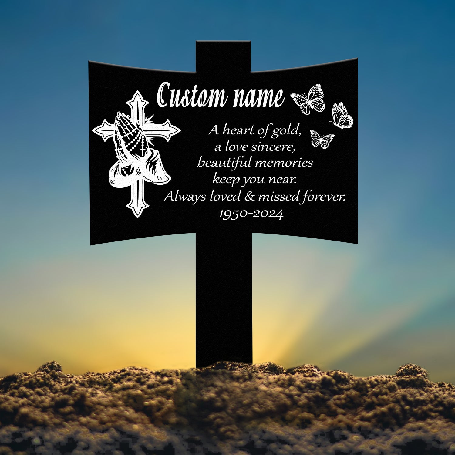 Personalized Metal Cross with Praying Hands Memorial Stake, Memorial Garden Decor , Custom Grave Marker, Remembrance Stake