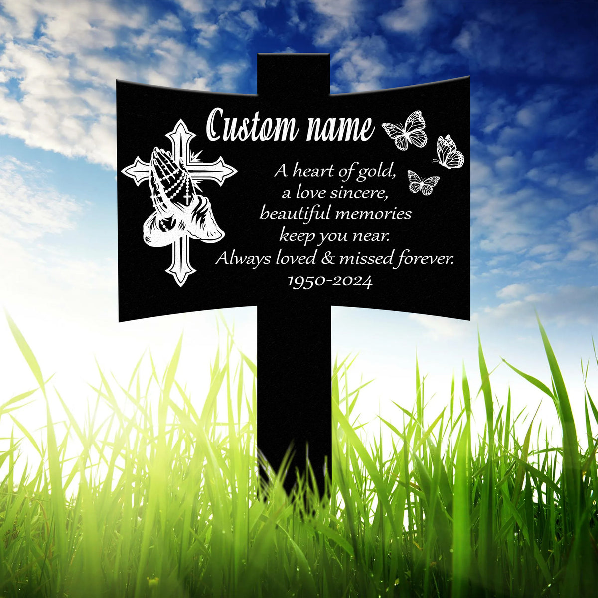 Personalized Metal Cross with Praying Hands Memorial Stake, Memorial Garden Decor , Custom Grave Marker, Remembrance Stake