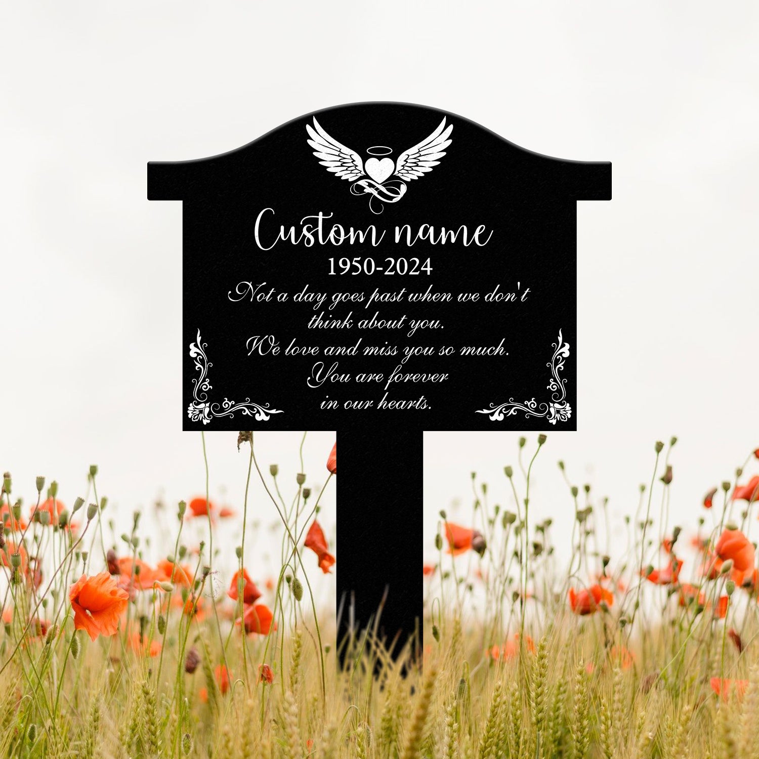 Angel Wings Heart Memorial Plaque with Stake, Waterproof Grave Marker for Cemetery, Remembrance Garden Stake, Outdoor Sympathy Memorial Sign