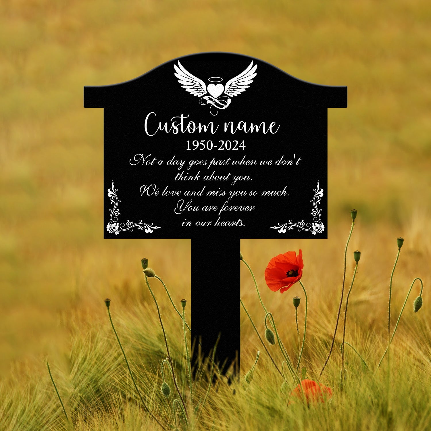 Angel Wings Heart Memorial Plaque with Stake, Waterproof Grave Marker for Cemetery, Remembrance Garden Stake, Outdoor Sympathy Memorial Sign