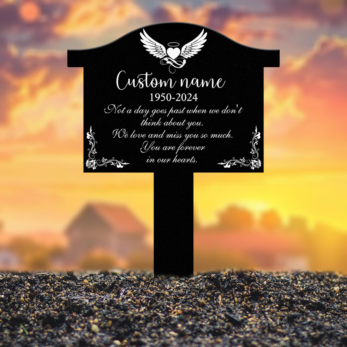 Angel Wings Heart Memorial Plaque with Stake, Waterproof Grave Marker for Cemetery, Remembrance Garden Stake, Outdoor Sympathy Memorial Sign