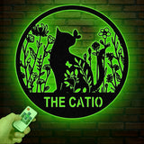 Custom The Catio Metal Sign with Led Lights, Personalized Floral Cat Metal Sign, Cat Wall Art, Custom Cat Name Sign, Pet Lover Gift