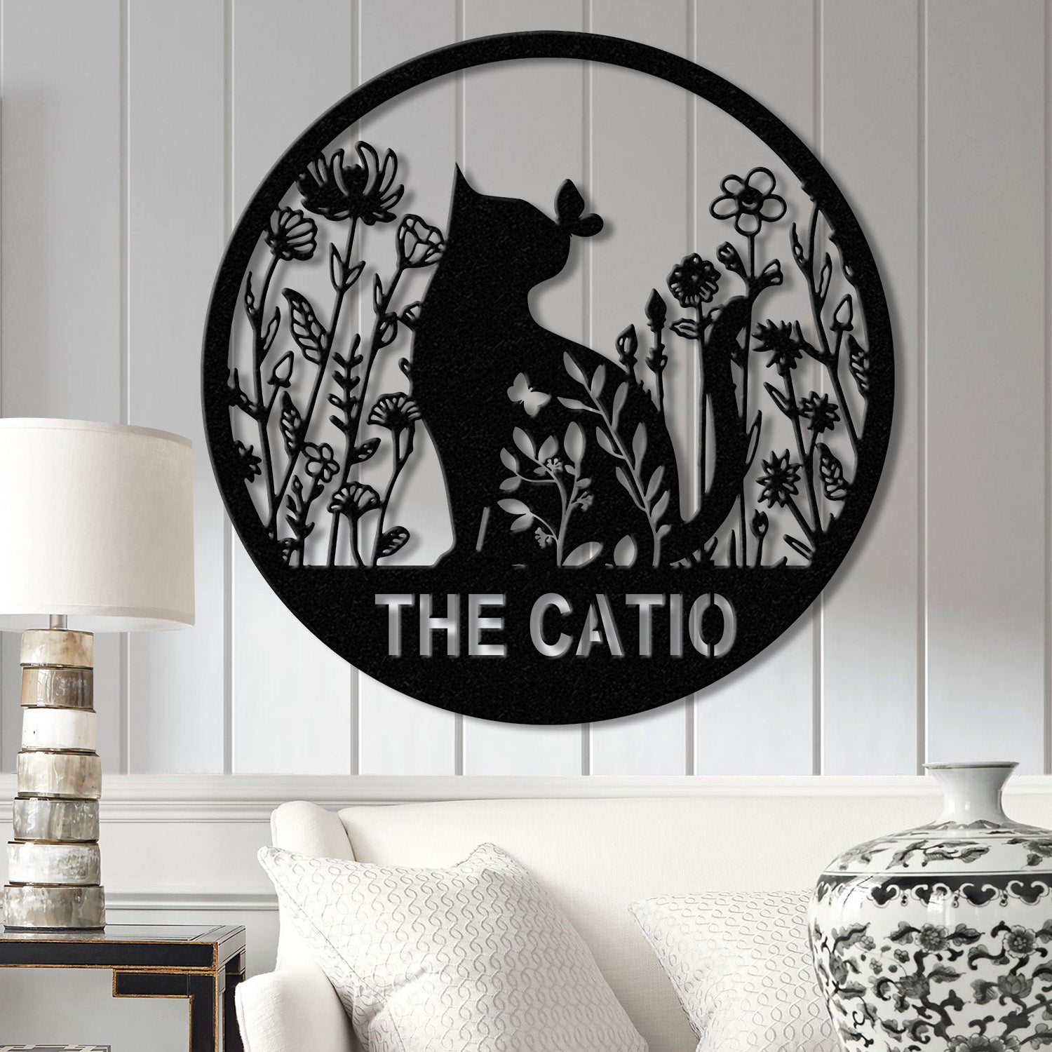Custom The Catio Metal Sign with Led Lights, Personalized Floral Cat Metal Sign, Cat Wall Art, Custom Cat Name Sign, Pet Lover Gift