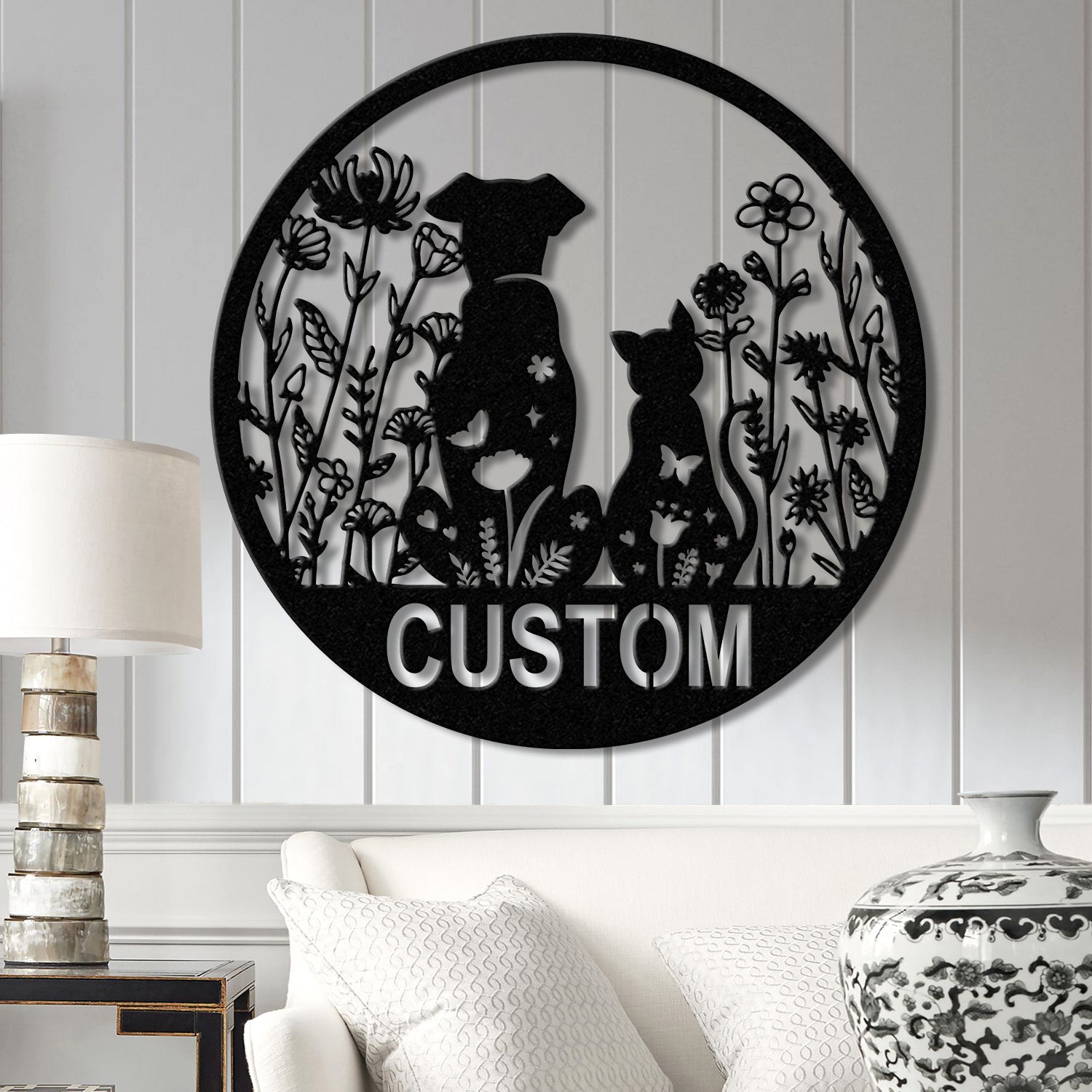 Custom Floral Dog and Cat Metal Sign, Dog and Cat Garden Sign, Personalized Cat Dog Name Sign, Pet Lover Gift, Dog Mom Gift, Garden Decor