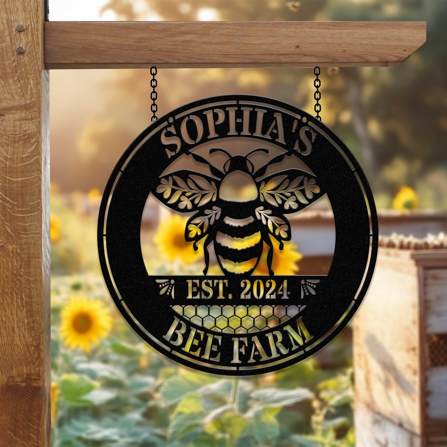 Custom Bee Farm Garden Sign, Personalized Bee Metal Sign, Honey Bee Garden Decor, Flower Bee Garden Art, Bee Yard Sign, Bee Keeper Gift