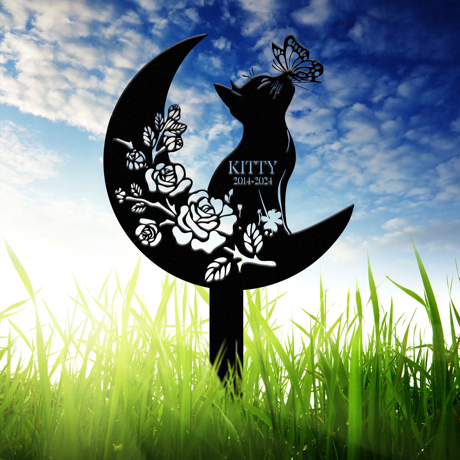 Custom Cat Grave Marker - Personalized Memorial Stake with Moon & Flowers, Cat Name Garden Decor, Metal Cat Loss Gift for Pet Remembrance