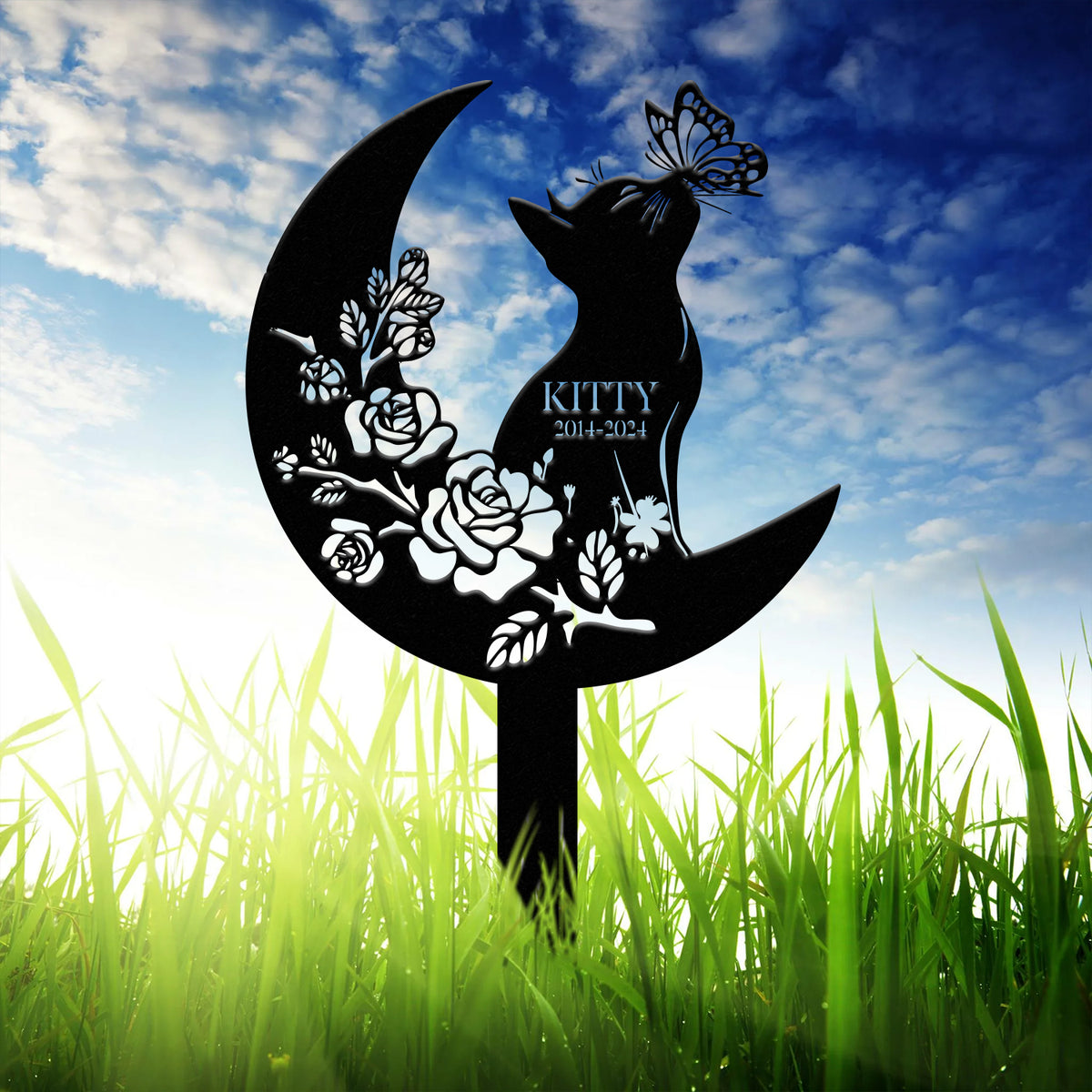 Custom Cat Grave Marker - Personalized Memorial Stake with Moon & Flowers, Cat Name Garden Decor, Metal Cat Loss Gift for Pet Remembrance