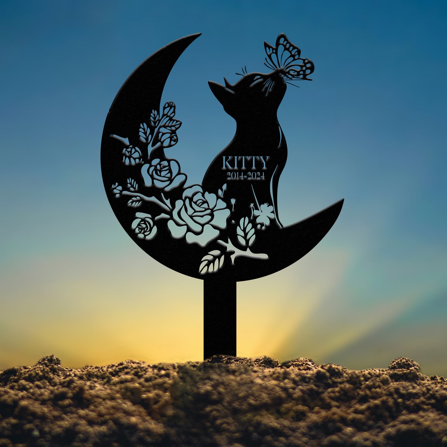 Custom Cat Grave Marker - Personalized Memorial Stake with Moon & Flowers, Cat Name Garden Decor, Metal Cat Loss Gift for Pet Remembrance