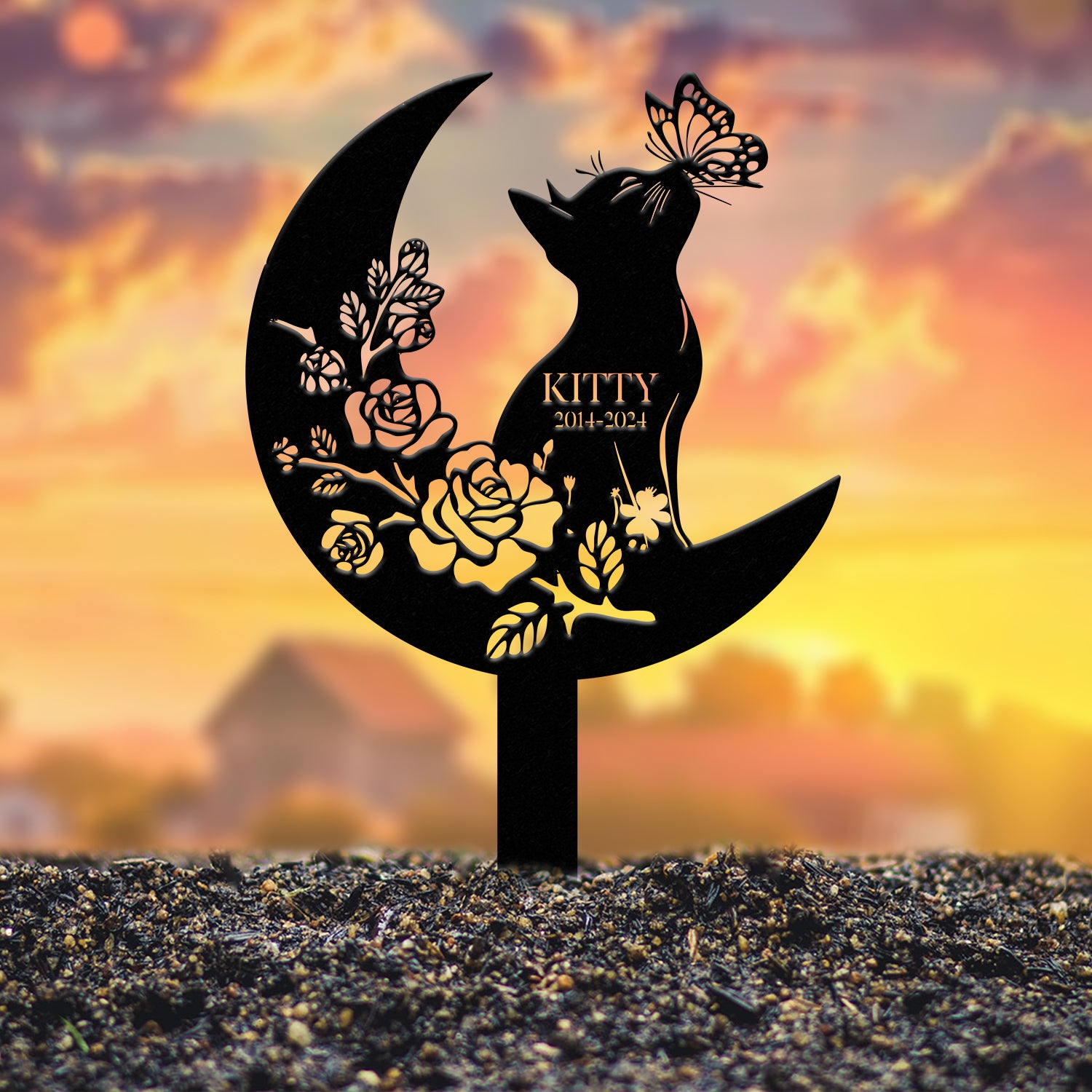 Custom Cat Grave Marker - Personalized Memorial Stake with Moon & Flowers, Cat Name Garden Decor, Metal Cat Loss Gift for Pet Remembrance
