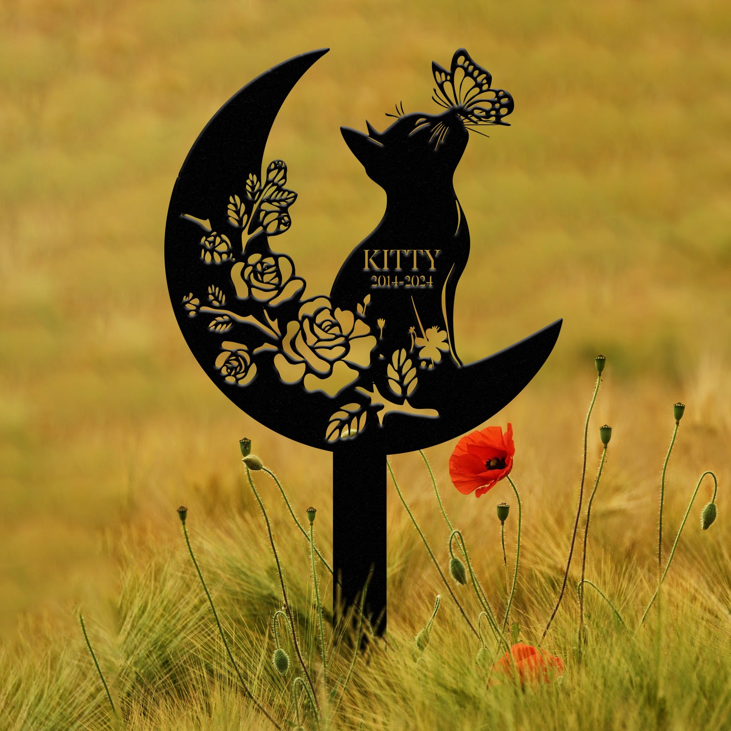 Custom Cat Grave Marker - Personalized Memorial Stake with Moon & Flowers, Cat Name Garden Decor, Metal Cat Loss Gift for Pet Remembrance