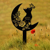 Custom Cat Grave Marker - Personalized Memorial Stake with Moon & Flowers, Cat Name Garden Decor, Metal Cat Loss Gift for Pet Remembrance