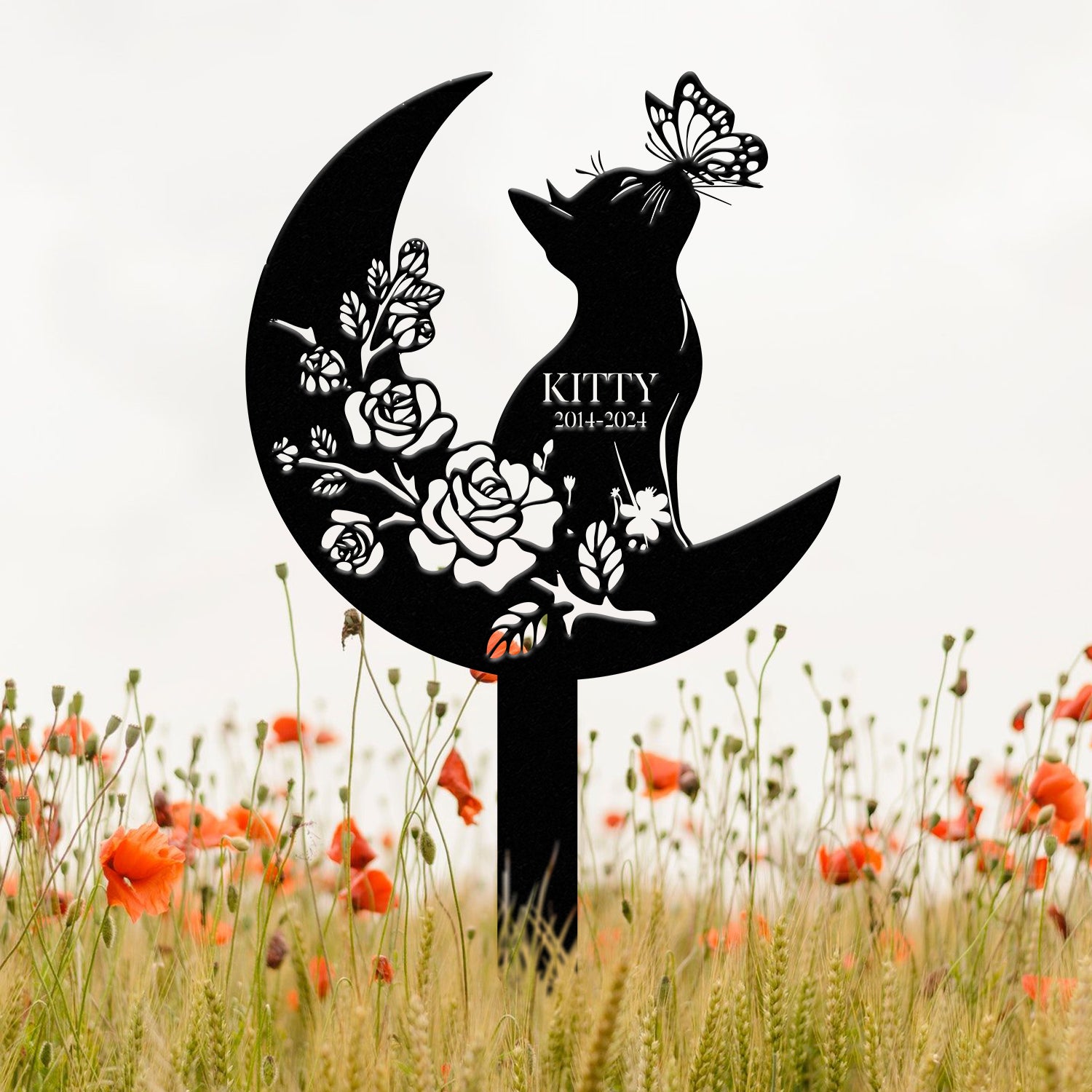 Custom Cat Grave Marker - Personalized Memorial Stake with Moon & Flowers, Cat Name Garden Decor, Metal Cat Loss Gift for Pet Remembrance