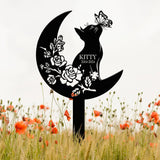 Custom Cat Grave Marker - Personalized Memorial Stake with Moon & Flowers, Cat Name Garden Decor, Metal Cat Loss Gift for Pet Remembrance