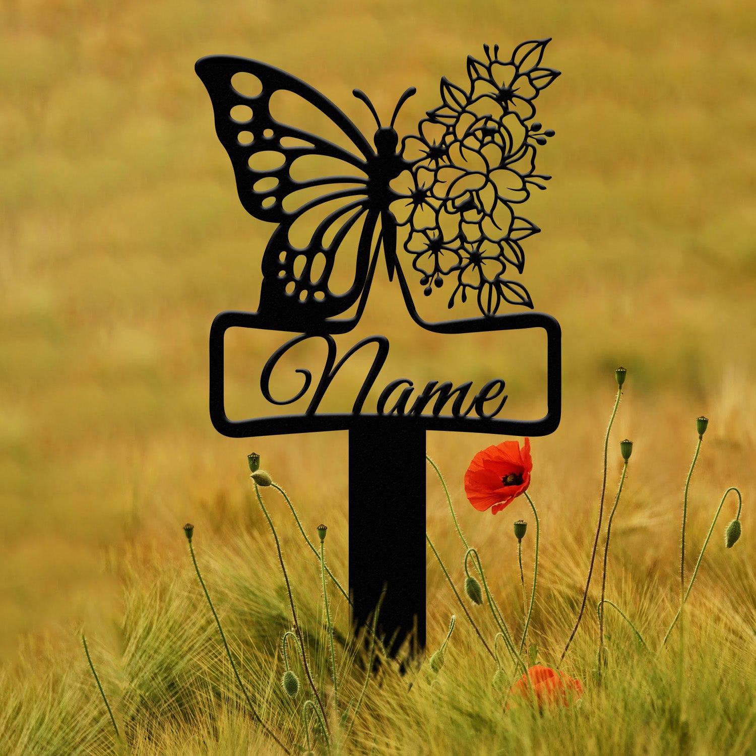 Custom Floral Butterfly Memorial Plaque with Stake, Personalized Metal Grave Marker, In Loving Memory of Mom or Grandma, Sympathy Gift