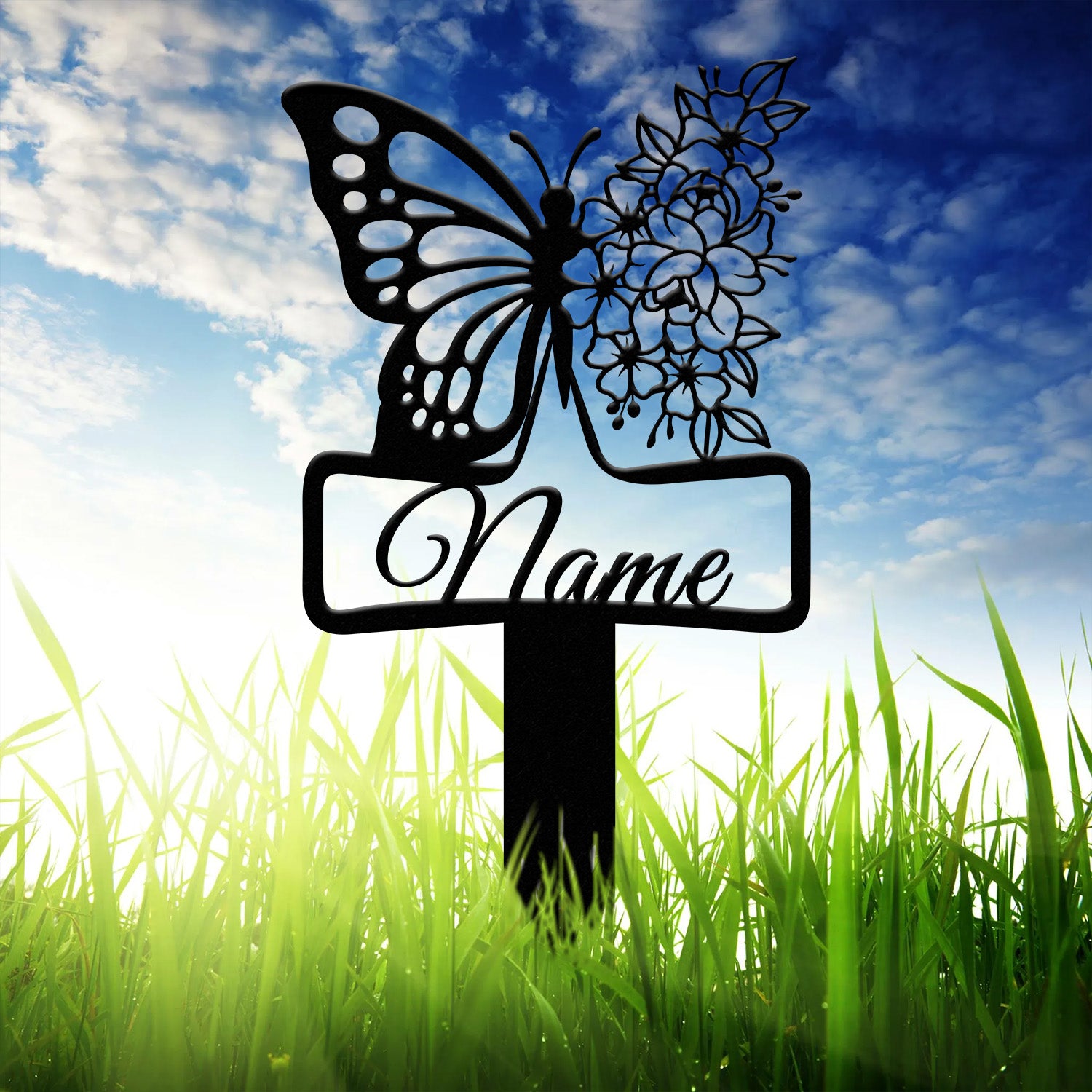 Custom Floral Butterfly Memorial Plaque with Stake, Personalized Metal Grave Marker, In Loving Memory of Mom or Grandma, Sympathy Gift