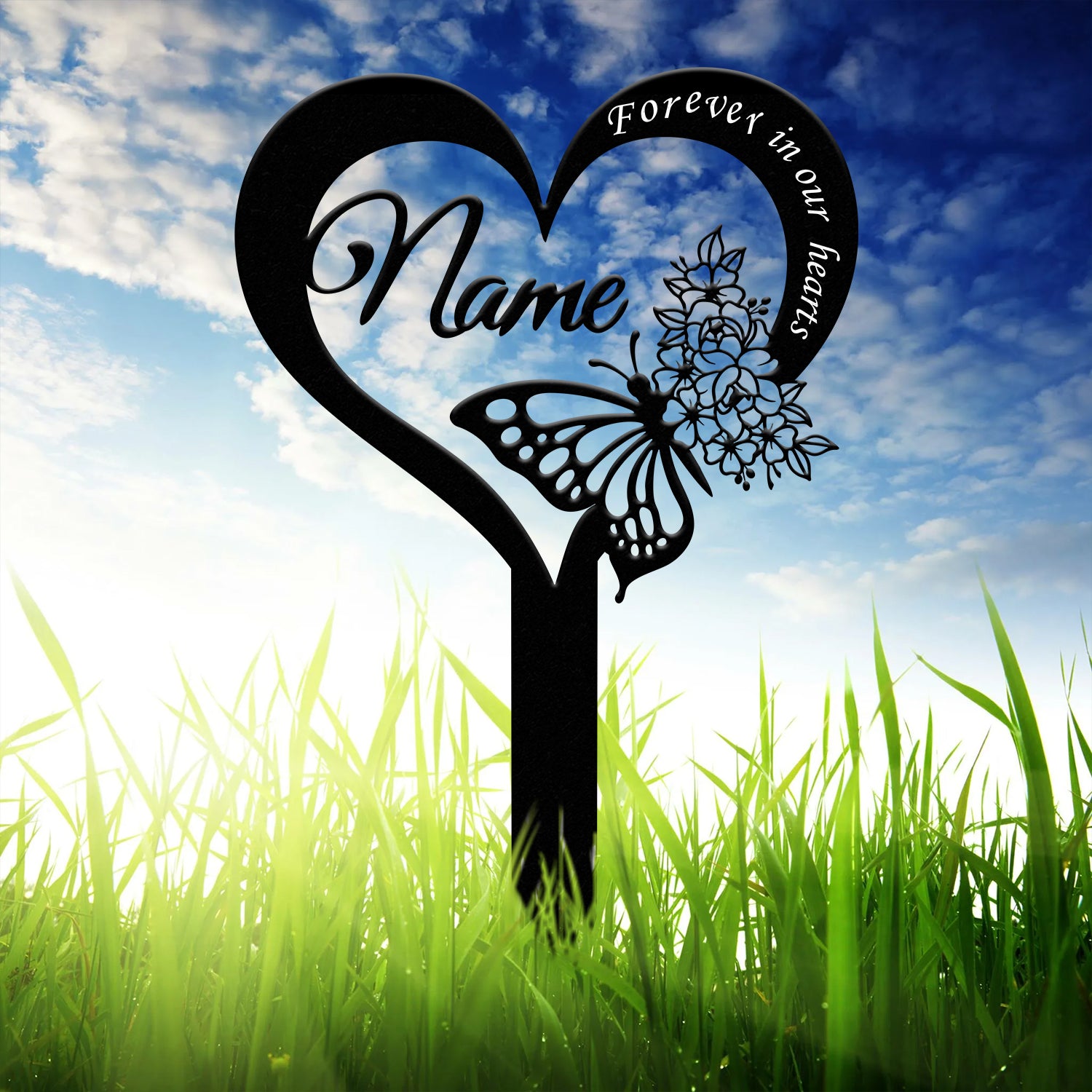 Custom Butterfly Memorial Cross Stake Metal, Cross with Hearts, Butterfly Garden Stakes, Grave Marker, In Memory of Gifts, Sympathy Gift