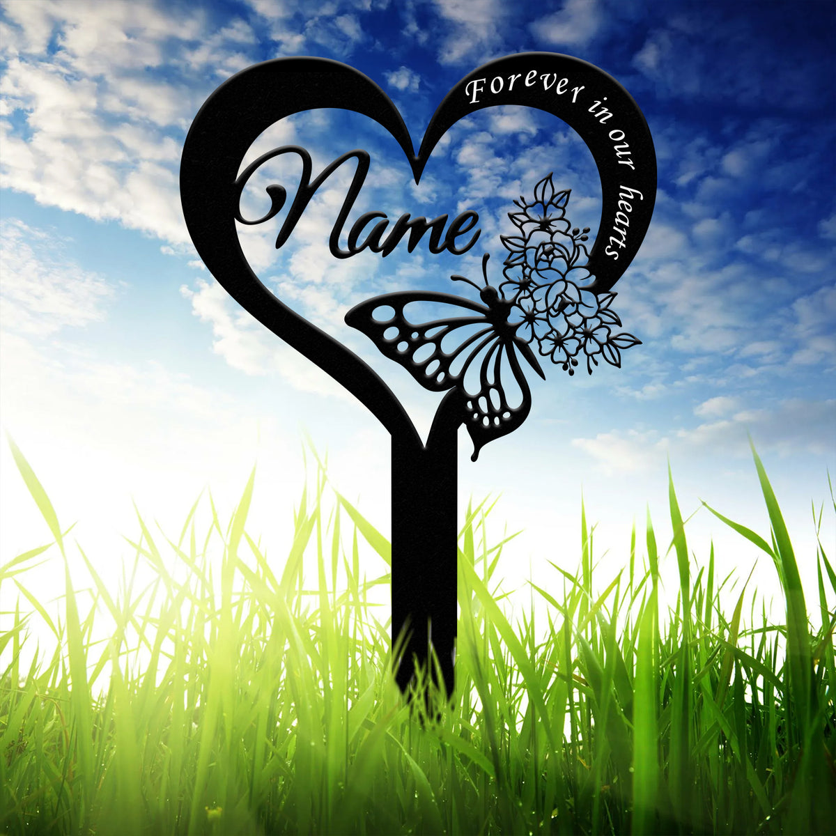 Custom Butterfly Memorial Cross Stake Metal, Cross with Hearts, Butterfly Garden Stakes, Grave Marker, In Memory of Gifts, Sympathy Gift