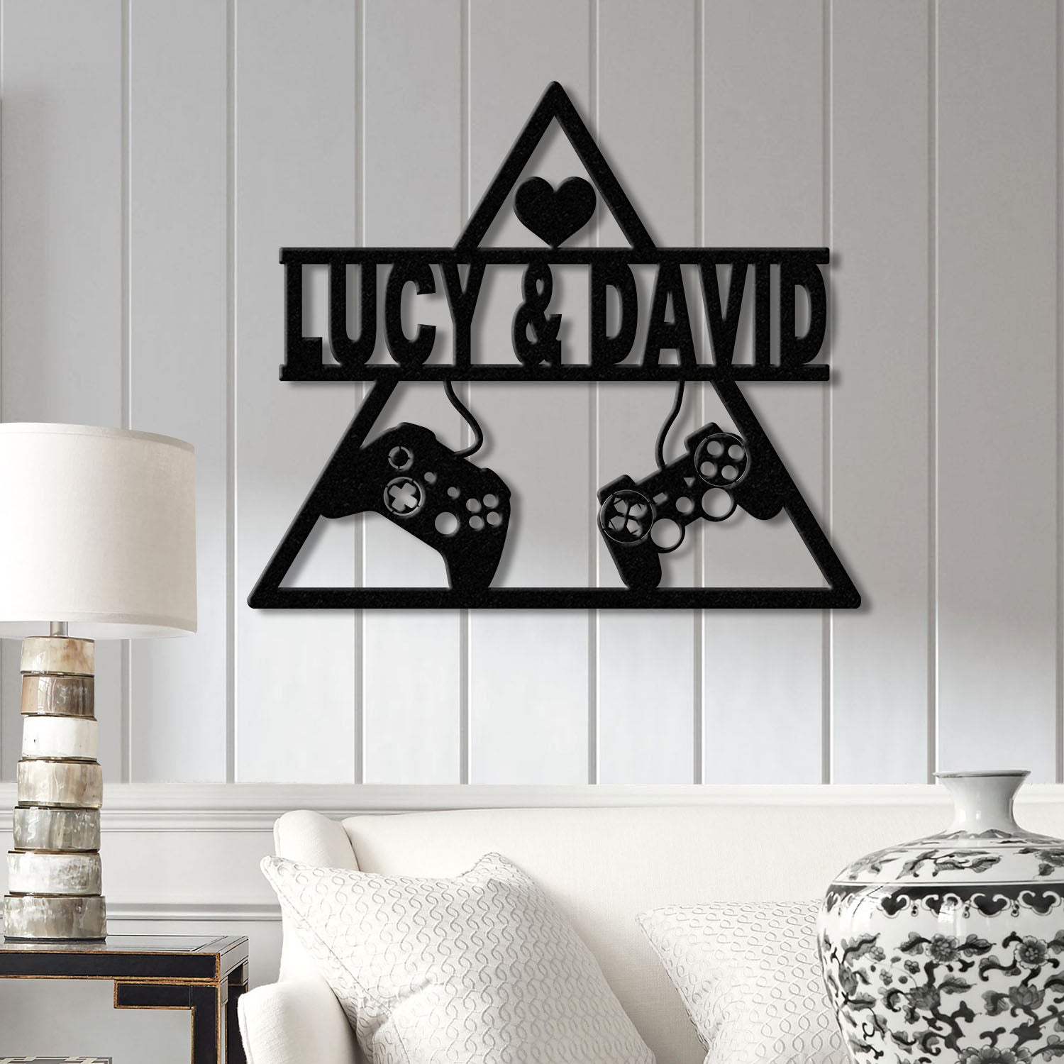 Personalized Gaming Couple Metal Sign with LED Light, Heart Game Controller, Custom Name Wall Art, Gifts for Couples, Game Room Decor