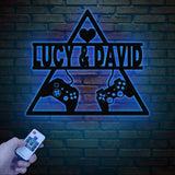 Personalized Gaming Couple Metal Sign with LED Light, Heart Game Controller, Custom Name Wall Art, Gifts for Couples, Game Room Decor