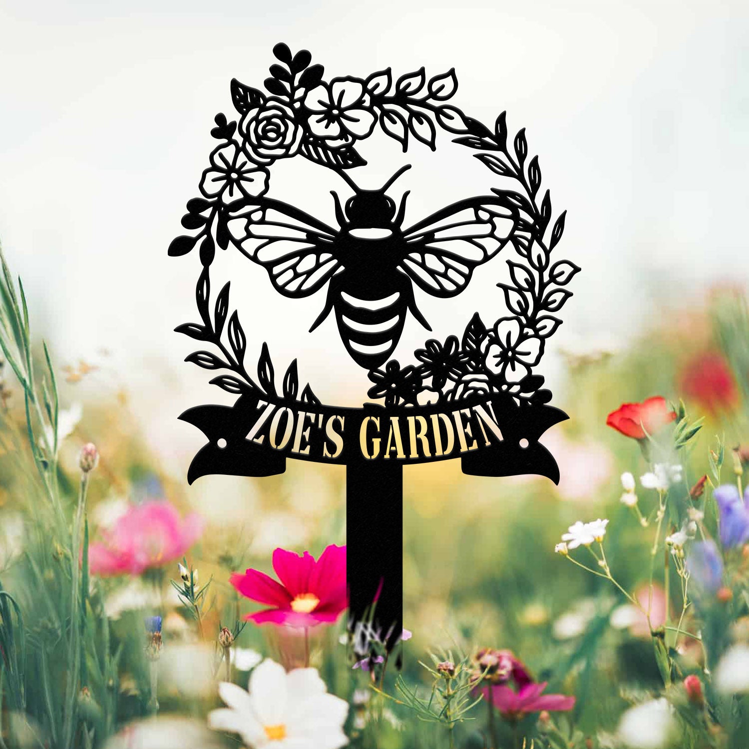 Personalized Bee Garden Stake Sign, Metal Yard Sign with Stakes, Garden Bee Decor, Gardening Gift, Metal Garden Decor, Gardener Yard Art