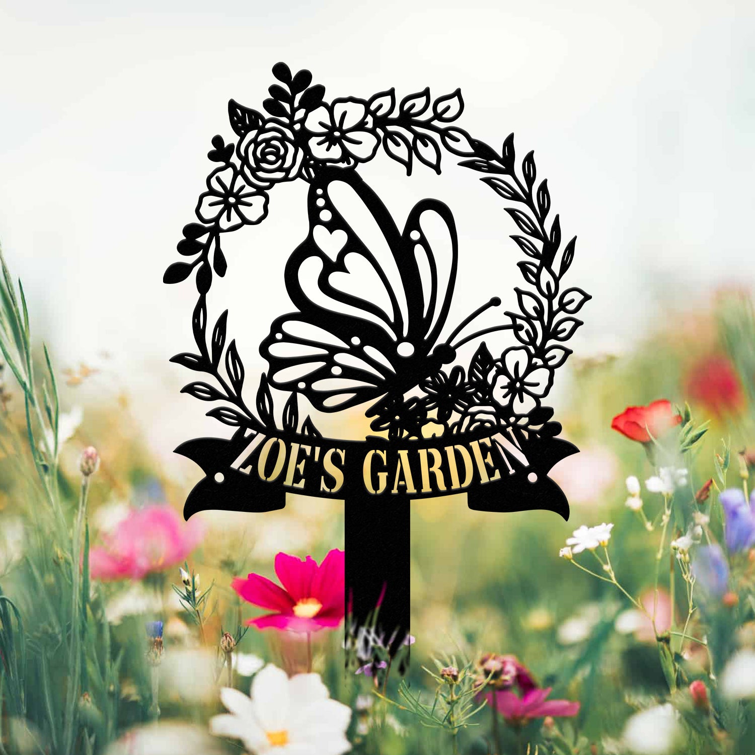 Personalized Floral Butterfly Garden Sign, Custom Name Stake, Metal Garden Decor, Gardener’s Name Plaque, Yard Art Gift for Nature Lovers