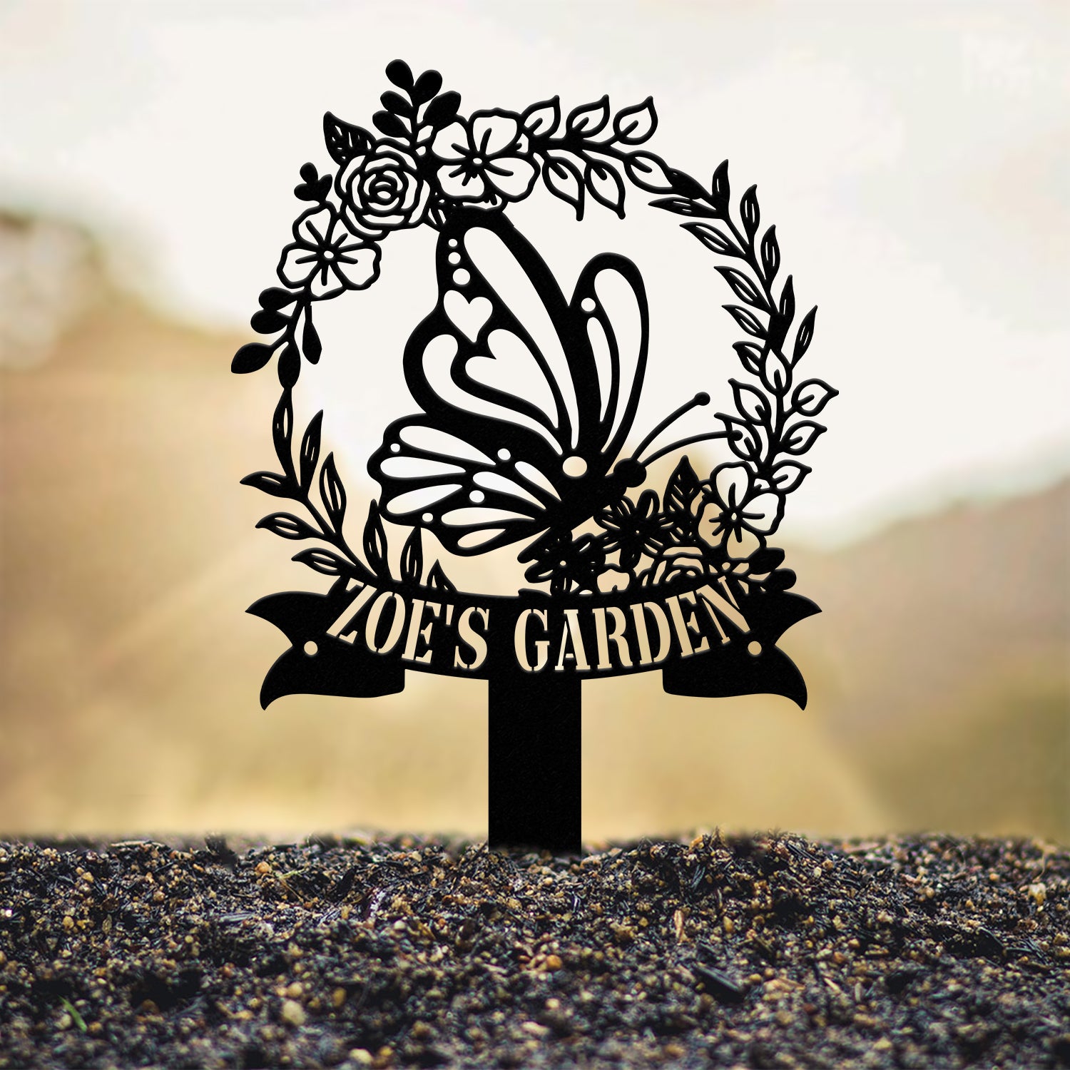 Personalized Floral Butterfly Garden Sign, Custom Name Stake, Metal Garden Decor, Gardener’s Name Plaque, Yard Art Gift for Nature Lovers