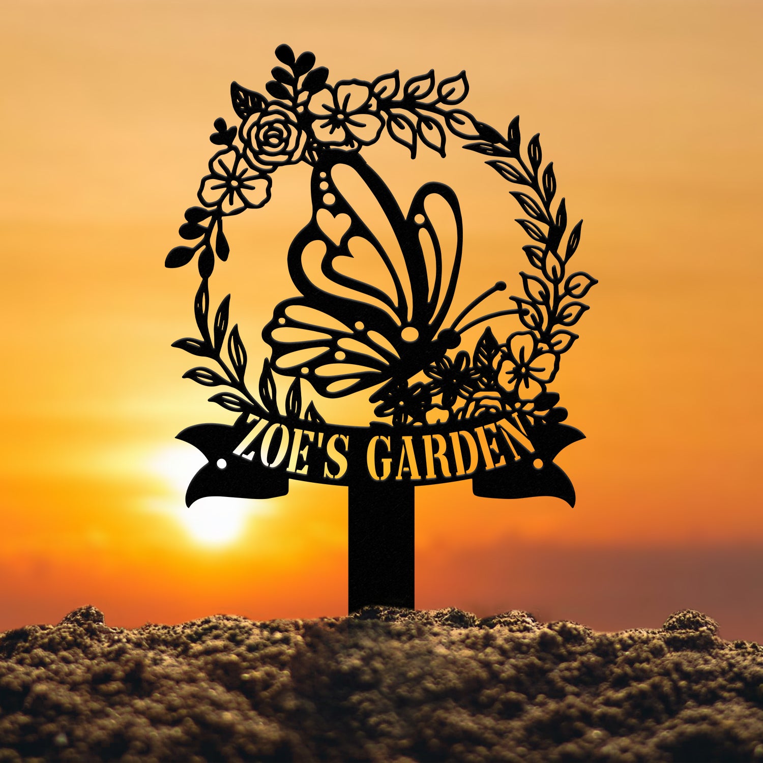 Personalized Floral Butterfly Garden Sign, Custom Name Stake, Metal Garden Decor, Gardener’s Name Plaque, Yard Art Gift for Nature Lovers