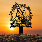 Personalized Floral Butterfly Garden Sign, Custom Name Stake, Metal Garden Decor, Gardener’s Name Plaque, Yard Art Gift for Nature Lovers